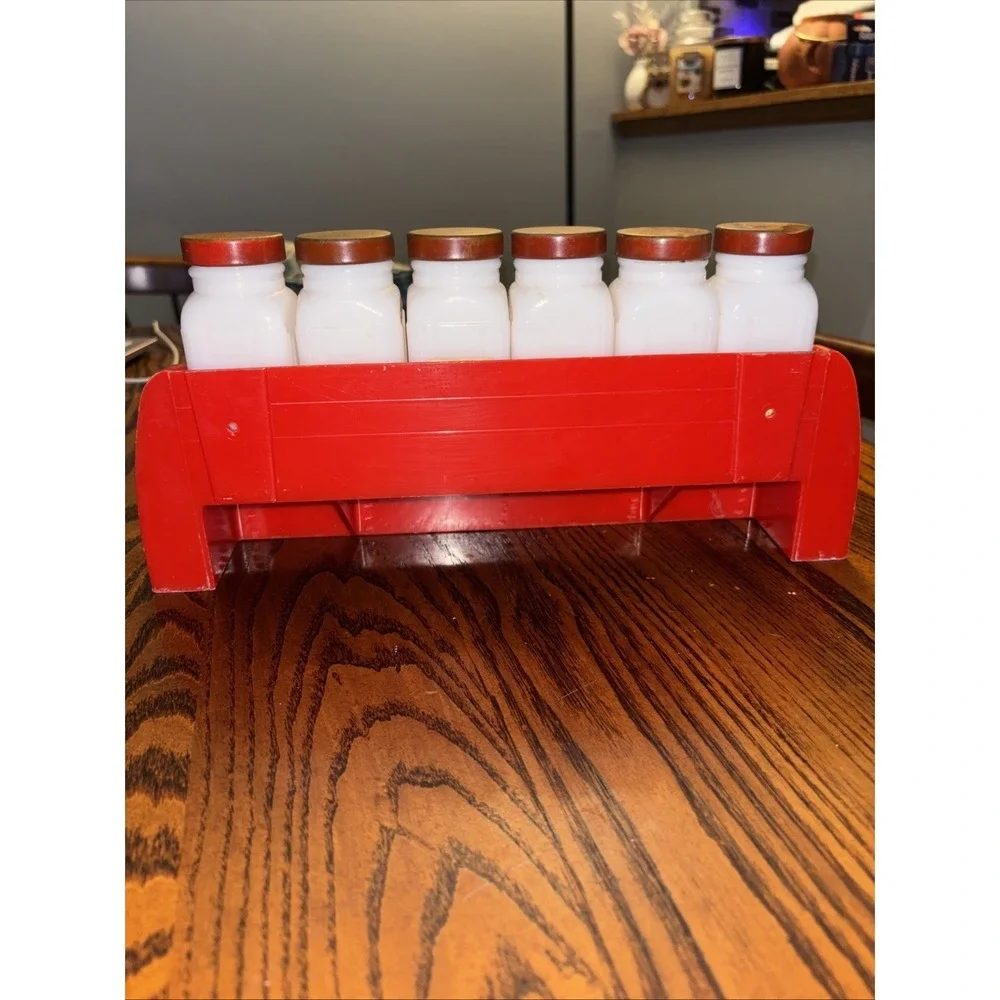 Griffith 12 Milk Glass Spice Jars Red Caps Red Rack Vintage Art Deco Kitchen